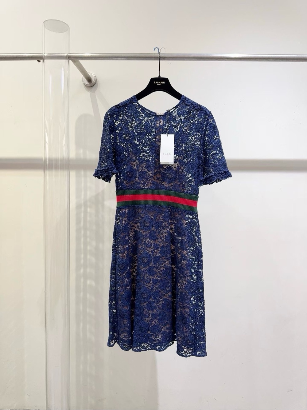 🚩steal Gucci Blue Lace Short-Sleeve A-Line Dress with Signature Web Waist
